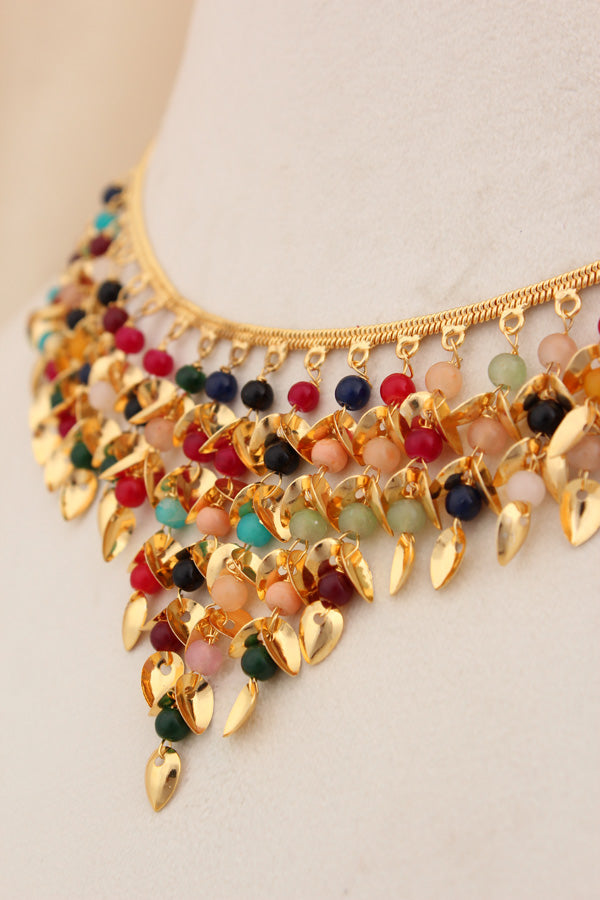 Colourful Punjabi Jadau Necklace Set With Small Earrings  (PJNS004)