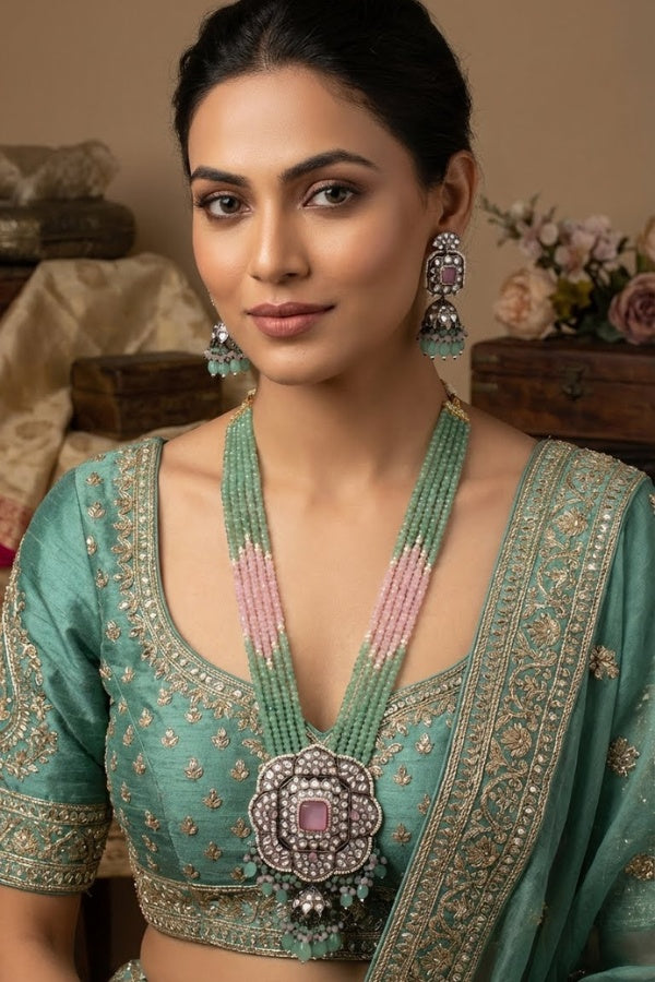 Green And Pink Crystal Beads In Ranks And Large Pendant With Pink Center Stone With Matching Statement Earrings  (LKN005P-Kundan)