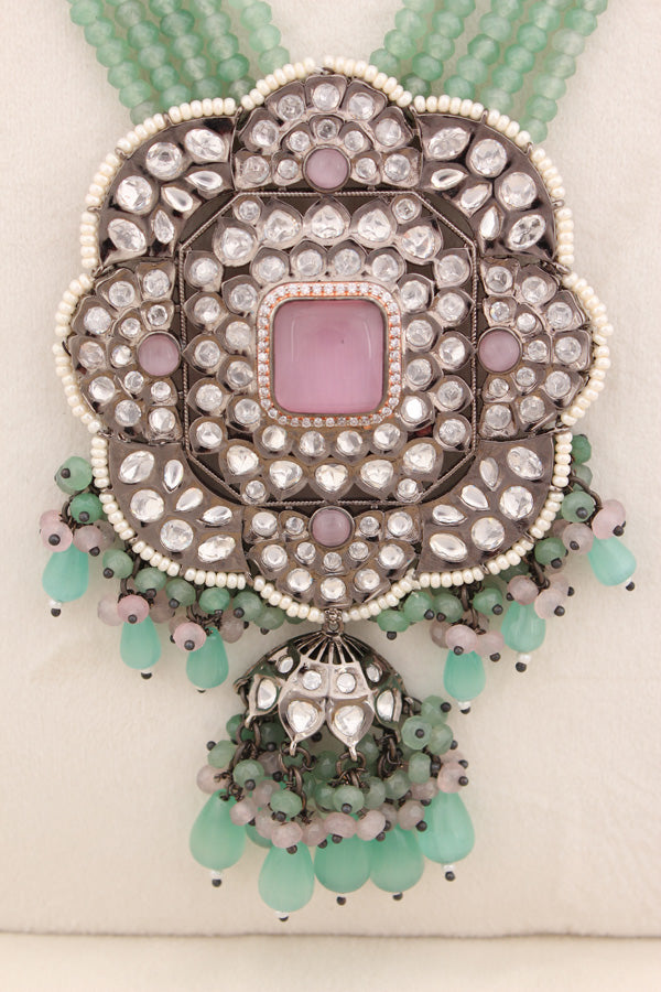 Green And Pink Crystal Beads In Ranks And Large Pendant With Pink Center Stone With Matching Statement Earrings  (LKN005P-Kundan)