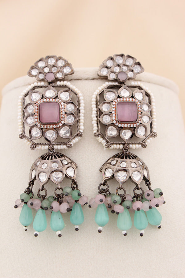 Green And Pink Crystal Beads In Ranks And Large Pendant With Pink Center Stone With Matching Statement Earrings  (LKN005P-Kundan)