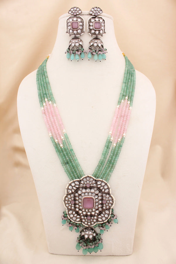 Green And Pink Crystal Beads In Ranks And Large Pendant With Pink Center Stone With Matching Statement Earrings  (LKN005P-Kundan)