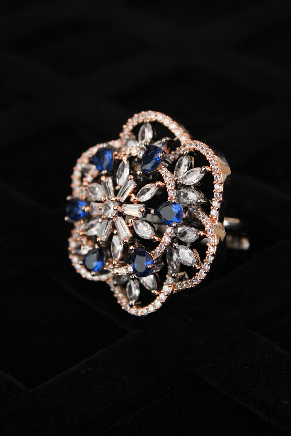 Double flower Design Adjustable Ring In Premium Quality With Blue Colour Stones (ADR007-B)
