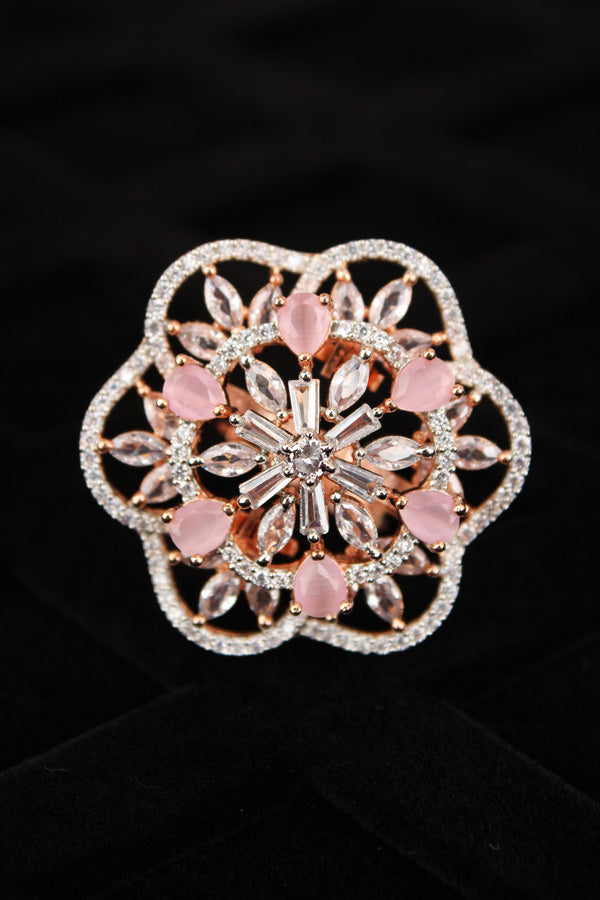 Double flower Design Adjustable Ring In Premium Quality With Pink Colour Stones (ADR007-P)