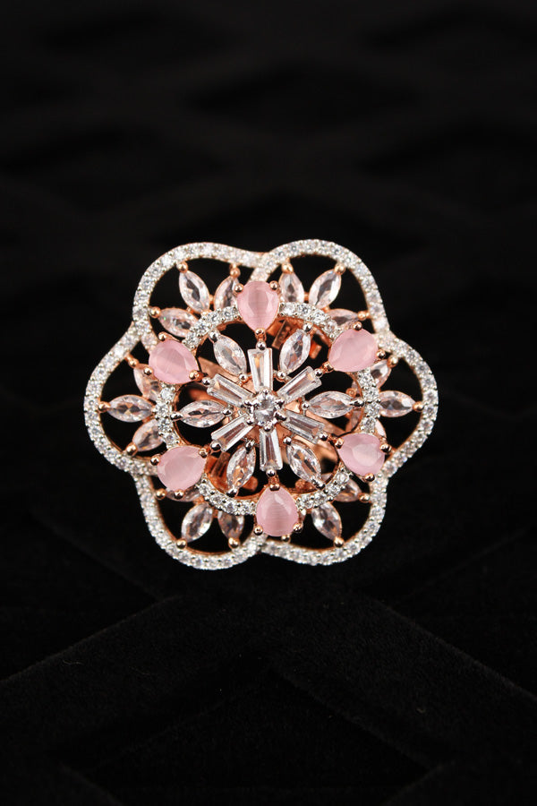 Double flower Design Adjustable Ring In Premium Quality With Pink Colour Stones (ADR007-P)