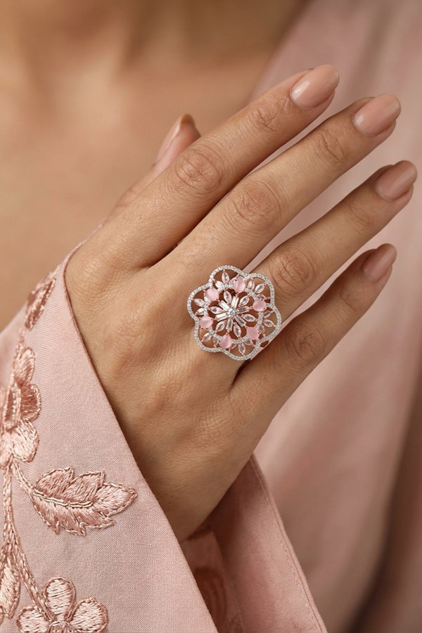 Double flower Design Adjustable Ring In Premium Quality With Pink Colour Stones (ADR007-P)