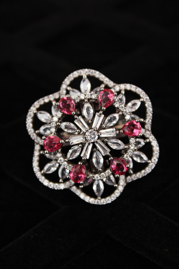 Double flower Design Adjustable Ring In Premium Quality With Ruby Colour Stones (ADR007-BRU)