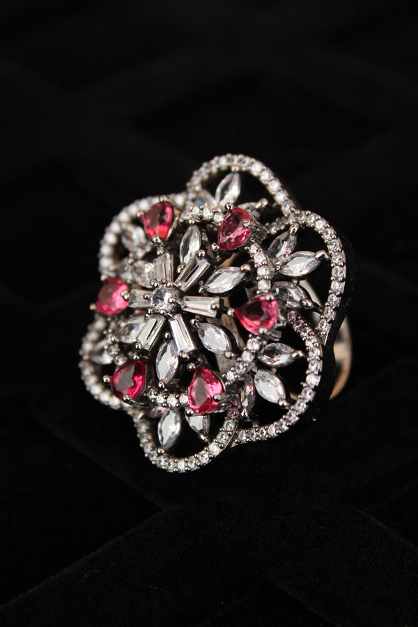 Double flower Design Adjustable Ring In Premium Quality With Ruby Colour Stones (ADR007-BRU)