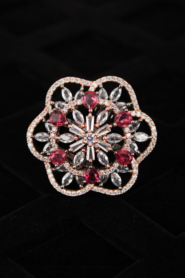 Double flower Design Adjustable Ring In Premium Quality With Ruby Colour Stones (ADR007-RGRU)