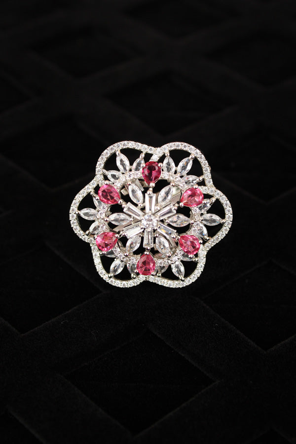 Double flower Design Adjustable Ring In Premium Quality With Ruby Colour Stones (ADR007-SRU)