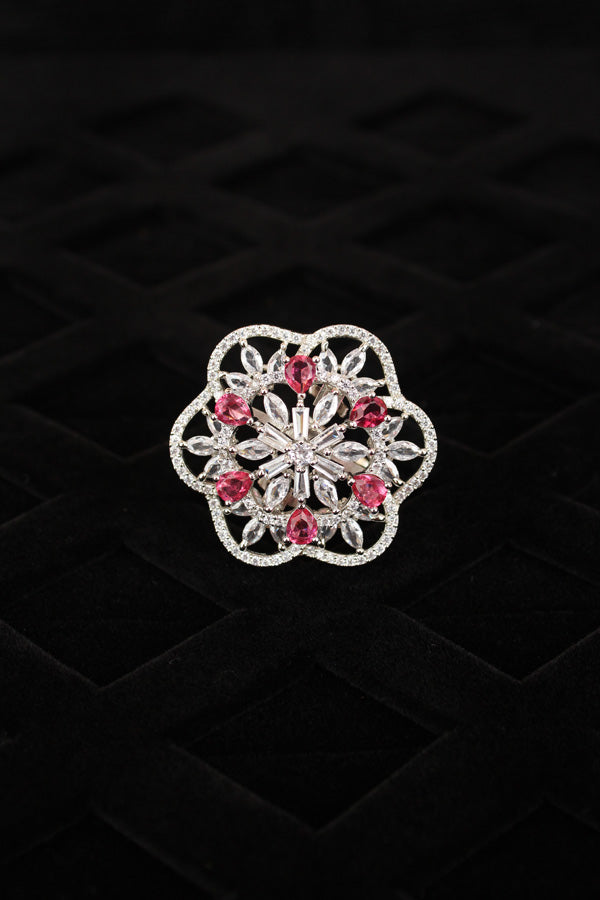 Double flower Design Adjustable Ring In Premium Quality With Ruby Colour Stones (ADR007-SRU)