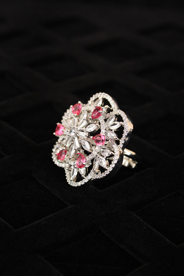 Double flower Design Adjustable Ring In Premium Quality With Ruby Colour Stones (ADR007-SRU)