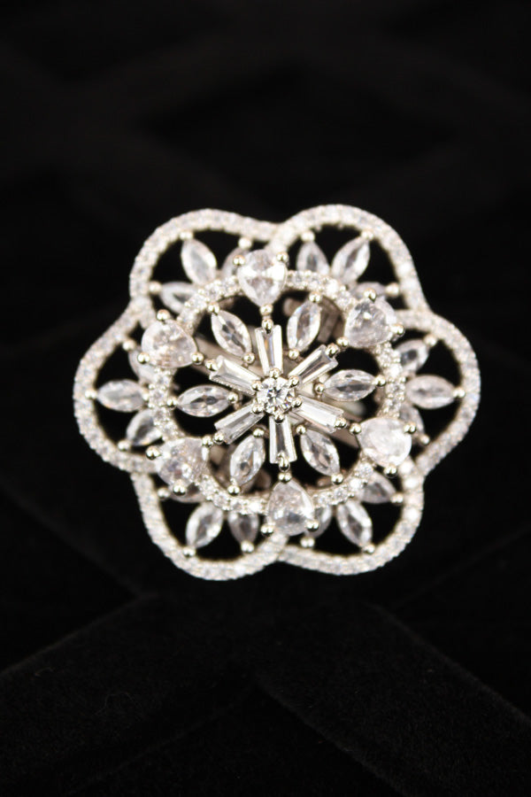 Double flower Design Adjustable Ring In Premium Quality With Silver Colour Stones (ADR007-S)