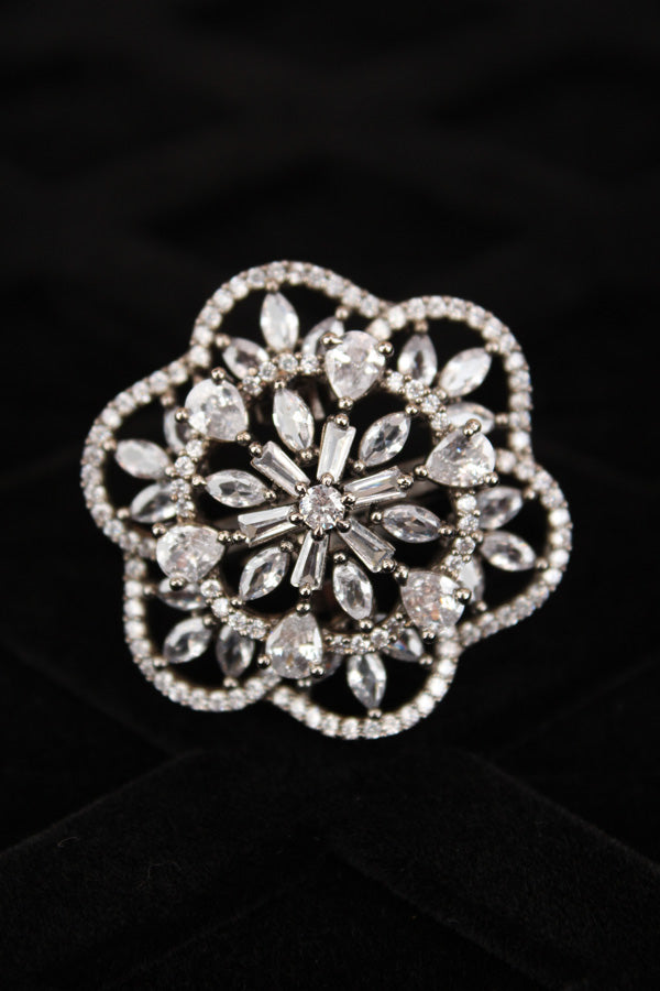 Double flower Design Adjustable Ring In Premium Quality With Silver Colour Stones (ADR007-S)