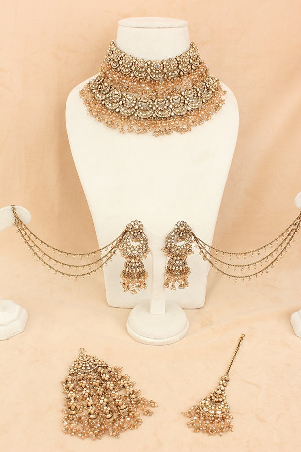 Double Layer Bridal Necklace Set With Crystal Beads (BS008-Golden)