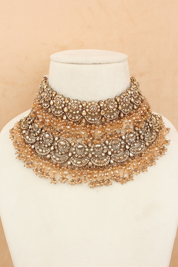 Double Layer Bridal Necklace Set With Crystal Beads (BS008-Golden)