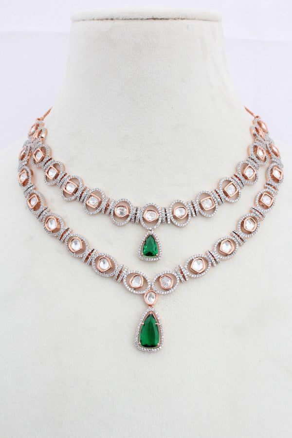 Double Layer Kundan Necklace Set With Green Stones And Matching Earrings (IGNK012)
