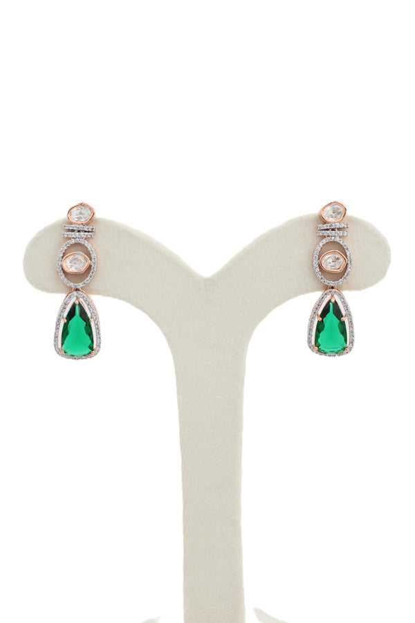 Double Layer Kundan Necklace Set With Green Stones And Matching Earrings (IGNK012)