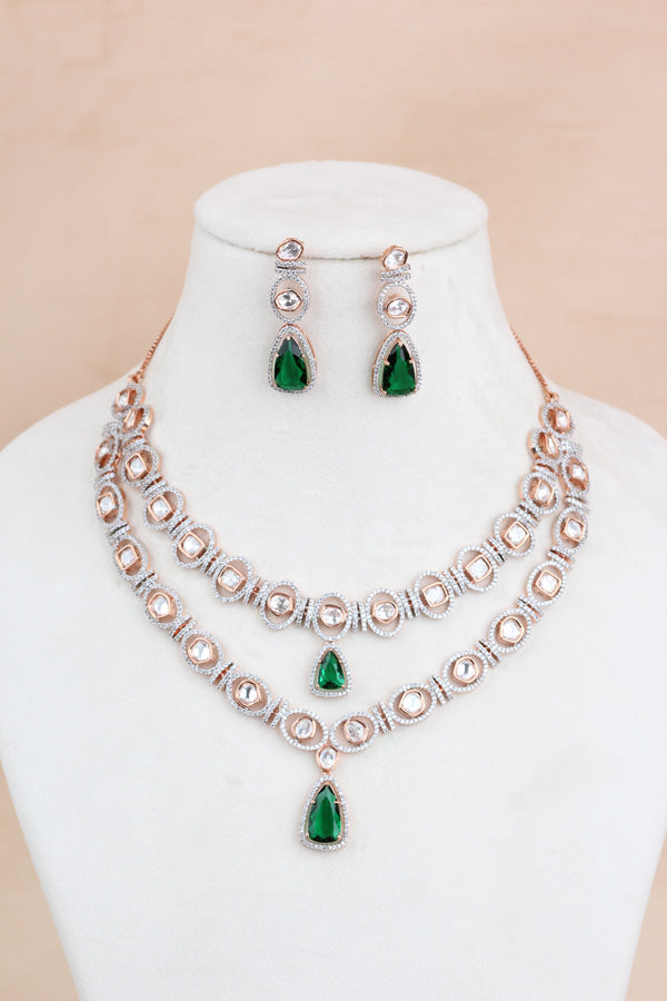 Double Layer Kundan Necklace Set With Green Stones And Matching Earrings (IGNK012)