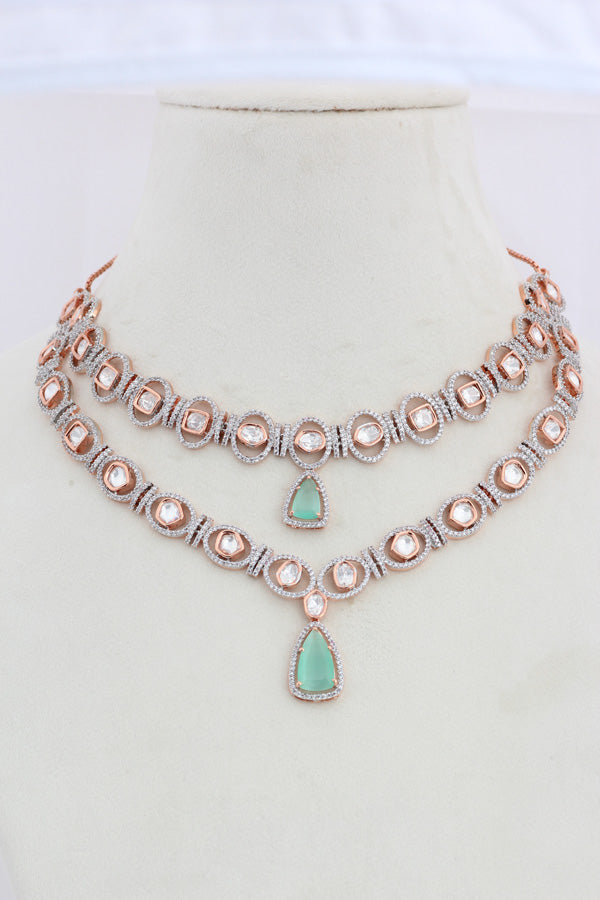 Double Layer Kundan Necklace Set With Mint Green Stones And Matching Earrings (IGNK012)
