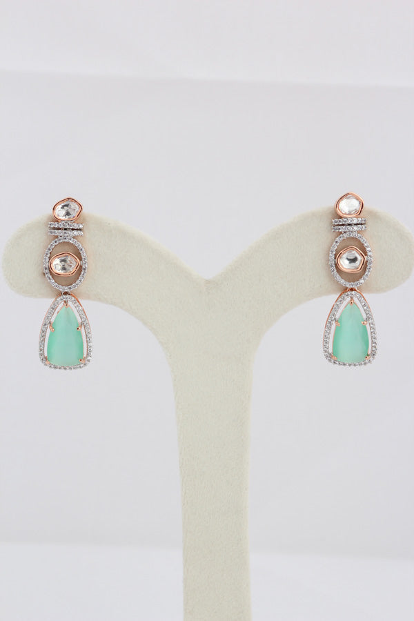 Double Layer Kundan Necklace Set With Mint Green Stones And Matching Earrings (IGNK012)
