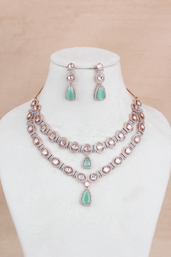 Double Layer Kundan Necklace Set With Mint Green Stones And Matching Earrings (IGNK012)
