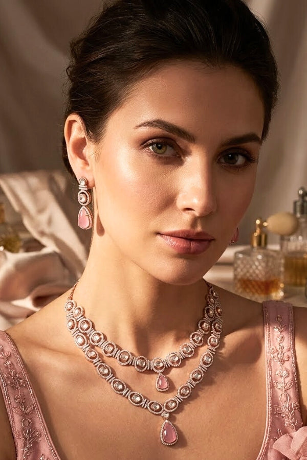 Double Layer Kundan Necklace Set With Pink Stones And Matching Earrings (IGNK012)