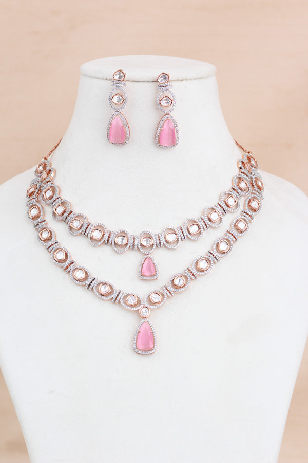 Double Layer Kundan Necklace Set With Pink Stones And Matching Earrings (IGNK012)