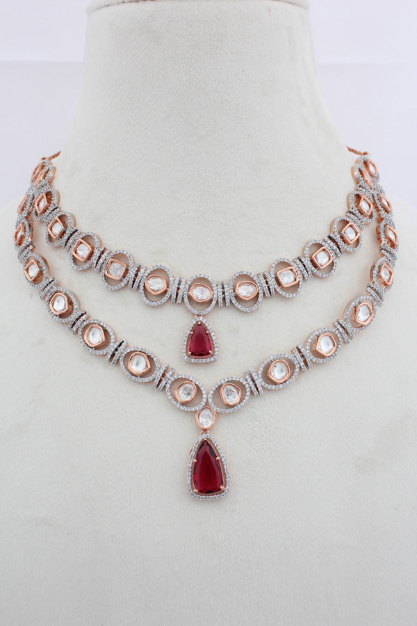 Double Layer Kundan Necklace Set With Red Stones And Matching Earrings (IGNK012)
