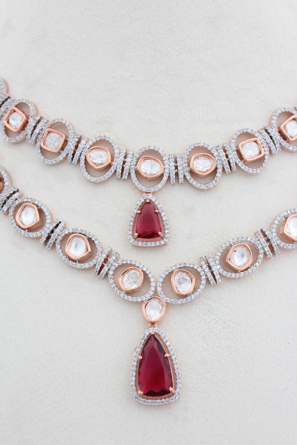 Double Layer Kundan Necklace Set With Red Stones And Matching Earrings (IGNK012)