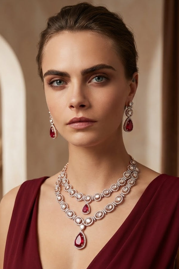 Double Layer Kundan Necklace Set With Red Stones And Matching Earrings (IGNK012)