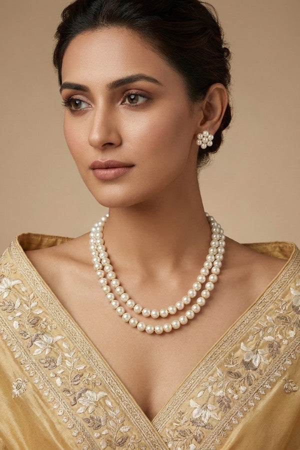 Double Layered Mala Necklace Set With White Pearls And Marching Pearl Stud Earrings (MA002)