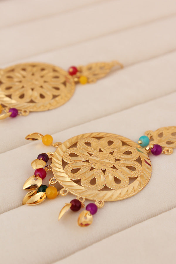 Elegant Gold Plated Punjabi Jadau Necklace Set With Multi Colour Beads With Matching Earrings And Tikka  (PJNS012)