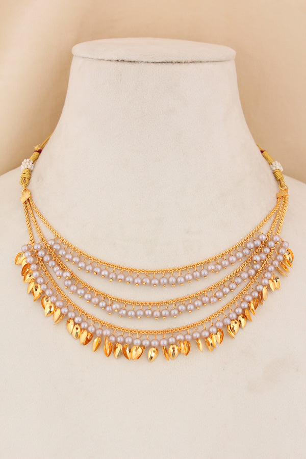 Elegant Triple Layer Punjabi Jadau Necklace Set With Grey Colour Pearls And Large Earrings (PJNS008)