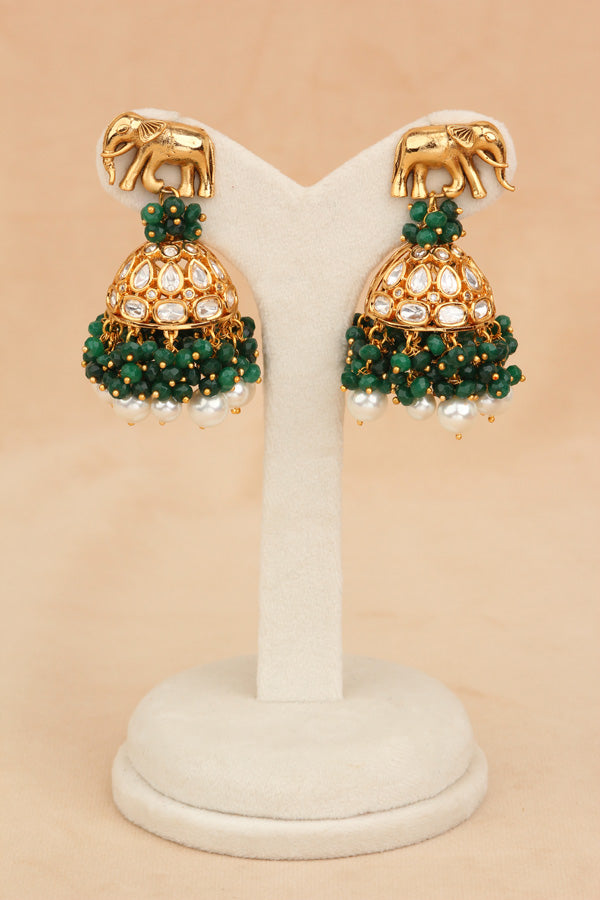 Elephant Motif Kundan Necklace Set With White Pearls And Green Beads Attached With Matching Jhumka Earrings (NKS034-G)