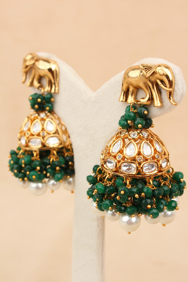 Elephant Motif Kundan Necklace Set With White Pearls And Green Beads Attached With Matching Jhumka Earrings (NKS034-G)