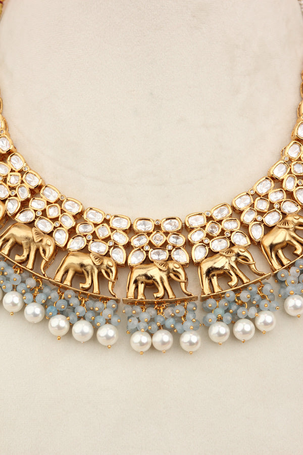 Elephant Motif Kundan Necklace Set With White Pearls And Grey Beads Attached With Matching Jhumka Earrings (NKS034-GY)