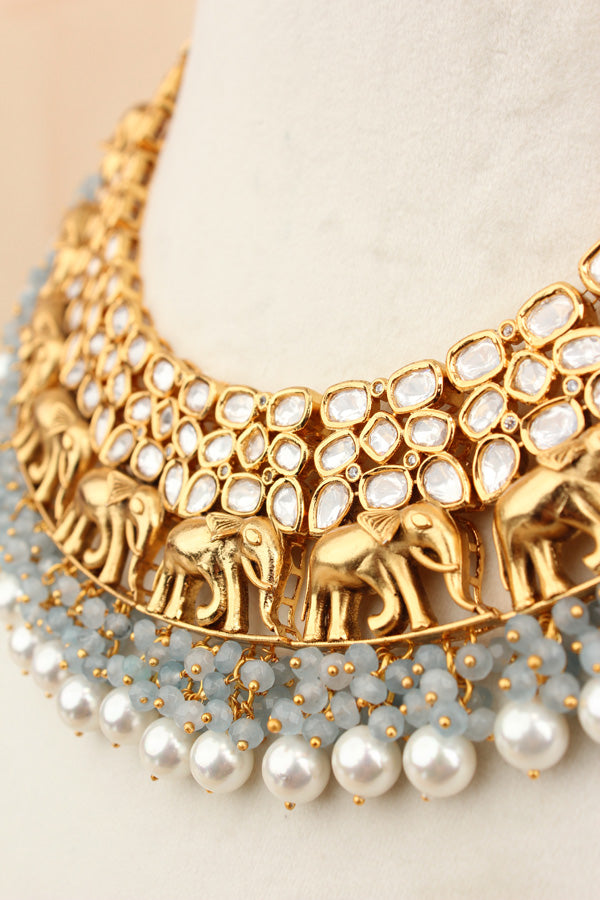 Elephant Motif Kundan Necklace Set With White Pearls And Grey Beads Attached With Matching Jhumka Earrings (NKS034-GY)