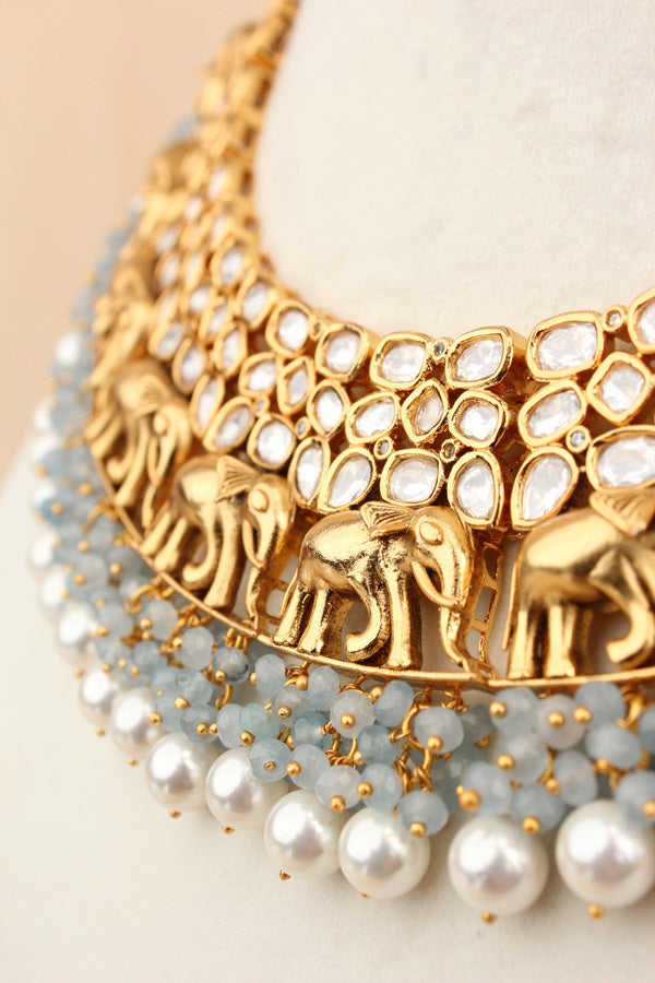Elephant Motif Kundan Necklace Set With White Pearls And Grey Beads Attached With Matching Jhumka Earrings (NKS034-GY)