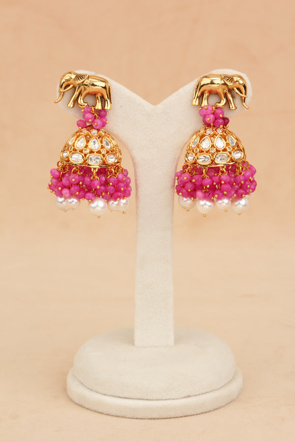 Elephant Motif Kundan Necklace Set With White Pearls And Pink Beads Attached With Matching Jhumka Earrings (NKS034-P)