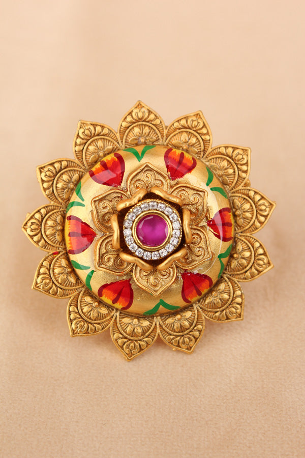 Fashionable Adjustable Gold plated Meenakari Ring With Pink Center Stone (RF010-GO)