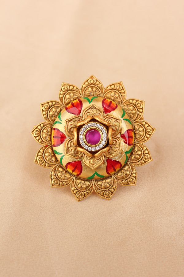 Fashionable Adjustable Gold plated Meenakari Ring With Pink Center Stone (RF010-GO)