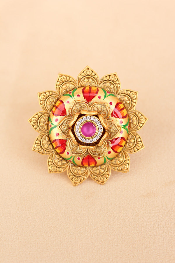 Fashionable Adjustable Gold plated Meenakari Ring With Pink Center Stone And Pink Dots (RF010-P)