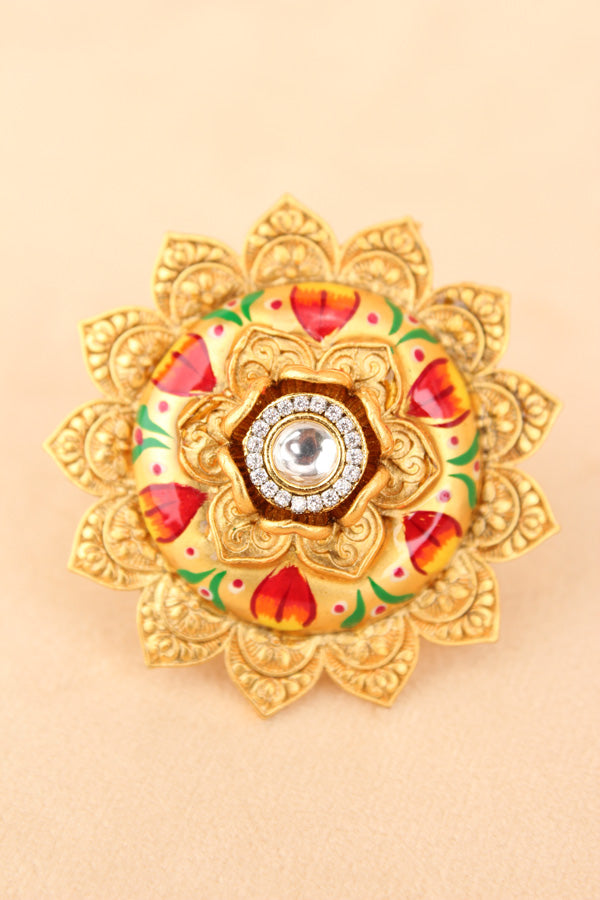 Fashionable Adjustable Gold plated Meenakari Ring With White Center Stone (RF010-W)