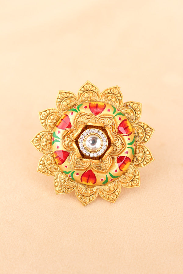 Fashionable Adjustable Gold plated Meenakari Ring With White Center Stone (RF010-W)