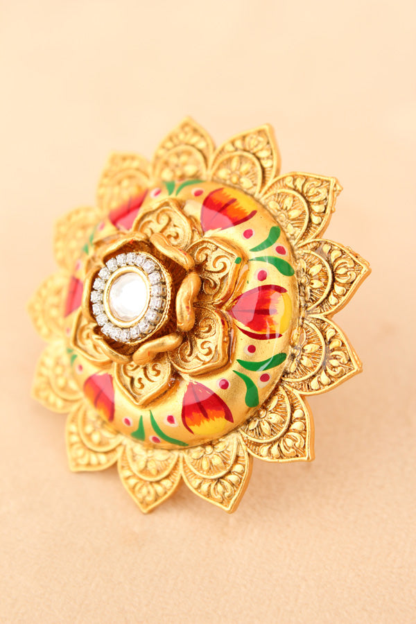 Fashionable Adjustable Gold plated Meenakari Ring With White Center Stone (RF010-W)