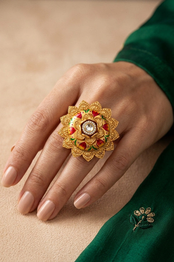 Fashionable Adjustable Gold plated Meenakari Ring With White Center Stone (RF010-W)