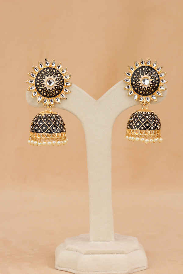 Fashionable Jhumka Earrings In Black Colour With White Beads Attached (JH004-BL-B1)
