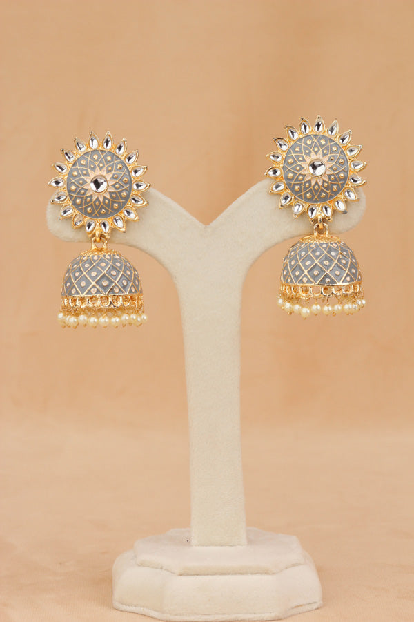 Fashionable Jhumka Earrings In Grey Colour With White Beads Attached (JH004-GY-B1)
