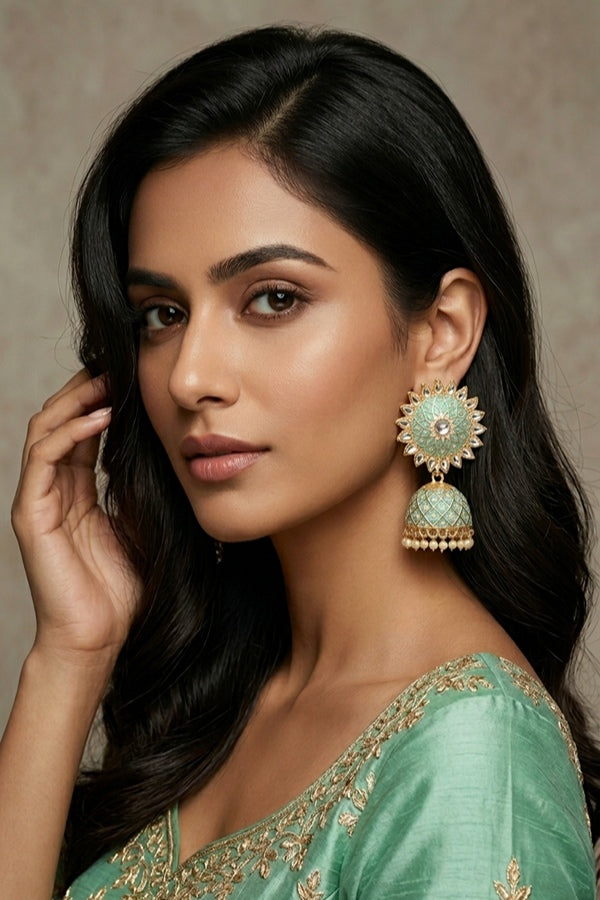 Fashionable Jhumka Earrings In Mint Green Colour With White Beads Attached