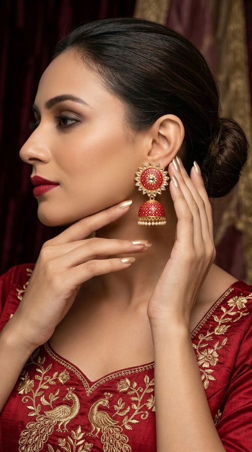 Fashionable Jhumka Earrings In Red Colour With White Beads Attached